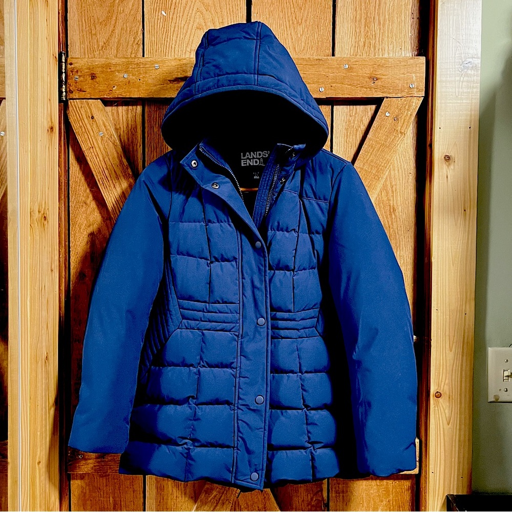 🪶 Lands' End Women's Quilted Stretch Down Coat Size XS Petite Blue